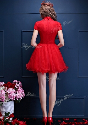 Luxurious High Neck Short Sleeves Prom Dresses with Appliques and Beading