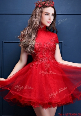 Luxurious High Neck Short Sleeves Prom Dresses with Appliques and Beading