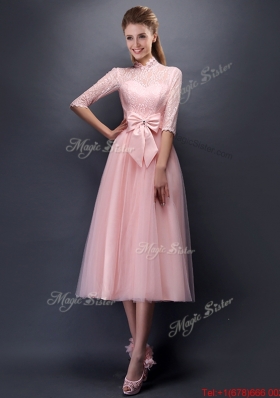 Luxurious Laced High Neck Half Sleeves  Prom Dresses with Bowknot