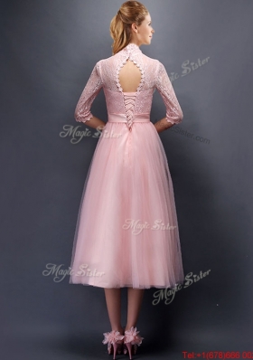 Luxurious Laced High Neck Half Sleeves  Prom Dresses with Bowknot