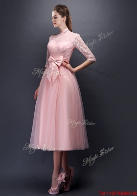 Luxurious Laced High Neck Half Sleeves  Prom Dresses with Bowknot