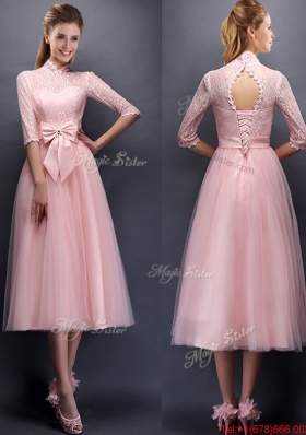 Luxurious Laced High Neck Half Sleeves  Prom Dresses with Bowknot