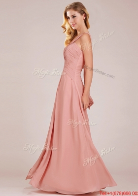 Modern Straps Peach Mother of Bride Dresses  with Ruching and High Slit