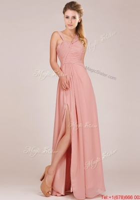 Modern Straps Peach Mother of Bride Dresses  with Ruching and High Slit