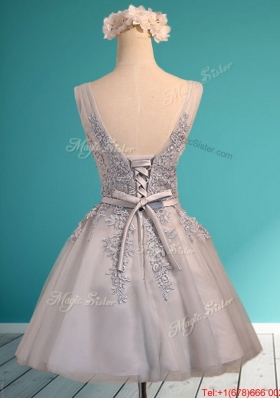 Modest Deep V Neckline Grey Mother of Bride Dresses with Appliques and Belt