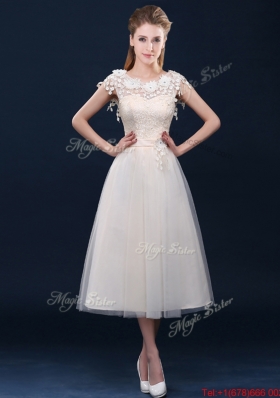 New Arrivals Tea Length Tulle Bridesmaid Dress in Champagne