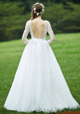 Pretty Applique White Backless Mother of Bride Dresses  with Long Sleeves