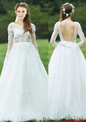 Pretty Applique White Backless Mother of Bride Dresses  with Long Sleeves