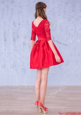 Romantic Bowknot and Laced Scoop Half Sleeves Mother of Bride Dresses  in Red