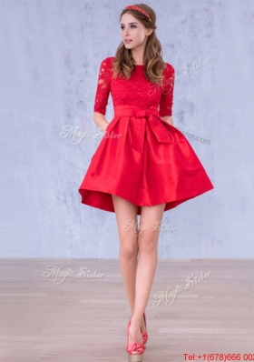 Romantic Bowknot and Laced Scoop Half Sleeves Mother of Bride Dresses  in Red