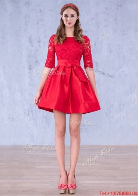 Romantic Bowknot and Laced Scoop Half Sleeves Mother of Bride Dresses  in Red