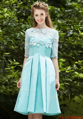 See Through Bateau Half Sleeves Appliques Mother of Bride Dresses  in Apple Green