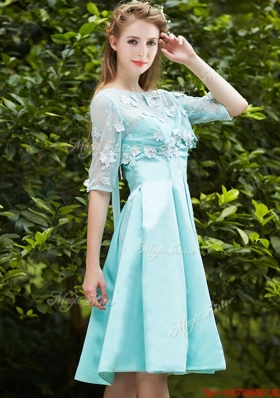 See Through Bateau Half Sleeves Appliques Mother of Bride Dresses  in Apple Green