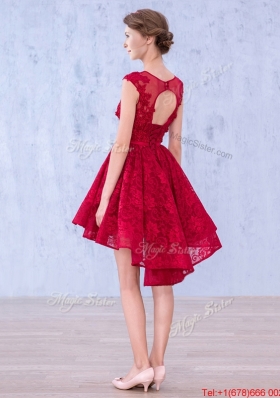 See Through Scoop High Low Wine Red Prom Dresses with Lace