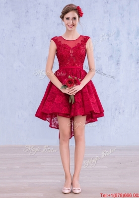 See Through Scoop High Low Wine Red Prom Dresses with Lace