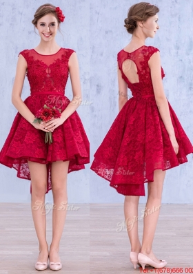 See Through Scoop High Low Wine Red Prom Dresses with Lace