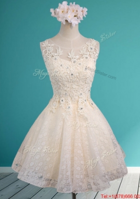 See Through Scoop Short Prom Dresses  with Beading and Appliques