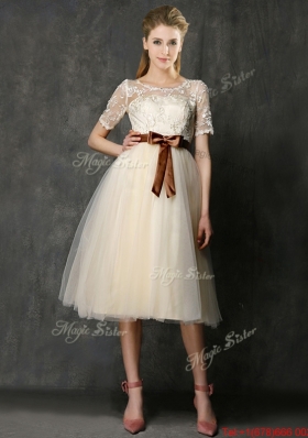 See Through Scoop Short Sleeves  Mother of Bride Dresses  with Bowknot and Lace