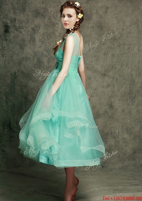 See Through Straps Prom Dresses with Appliques and Hand Made Flowers