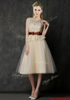 Classical See Through Scoop  Prom Dresses with Bowknot and Lace