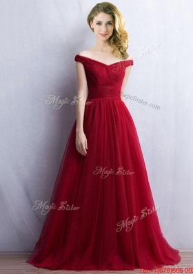 Elegant Off the Shoulder Cap Sleeves  Prom Dresses in Wine Red