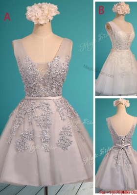 Gorgeous White Deep V Neckline Prom Dresses with Appliques and Belt