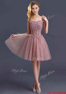 Lovely Off the Shoulder Cap Sleeves Prom Dresses with Appliques