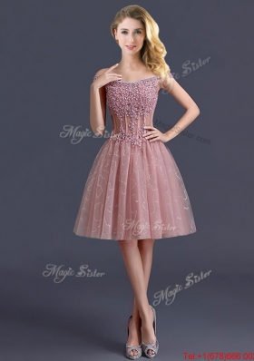 Lovely Off the Shoulder Cap Sleeves Prom Dresses with Appliques