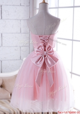 New Arrivals Strapless Baby Pink Prom Dresses  with Handcrafted Flower