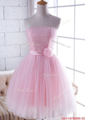 New Arrivals Strapless Baby Pink Prom Dresses  with Handcrafted Flower