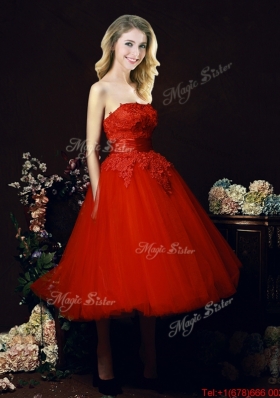 Perfect Puffy Skirt Strapless Applique Tea Length Red Prom Dresses