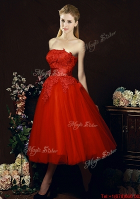 Perfect Puffy Skirt Strapless Applique Tea Length Red Prom Dresses