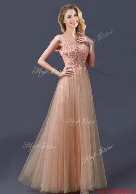 Top Selling V Neck Long  Prom Dresses with Appliques and Beading