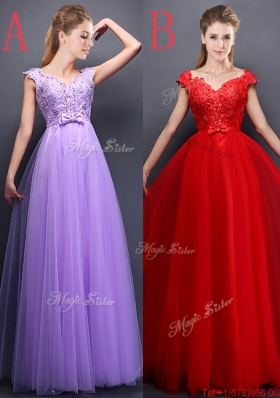 Unique V Neck Tulle Prom Dresses  with Beading and Bowknot