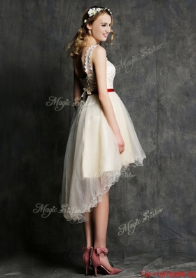 Classical One Shoulder High Low Champagne Bridesmaid Dress with Belt and Appliques