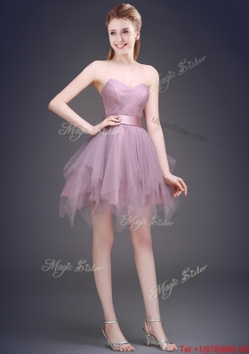 Hot Sale Lavender Short Bridesmaid Dress with Ruffles and Belt