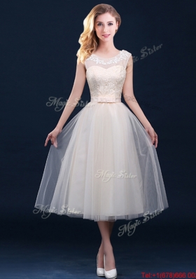 Lovely  Best Selling See Through Champagne Prom Dresses with Appliques and Belt