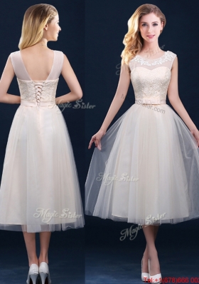 Lovely  Best Selling See Through Champagne Prom Dresses with Appliques and Belt