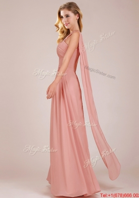 Lovely Empire One Shoulder Ruched Peach Long Prom Dresses