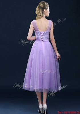 Lovely See Through Applique and Belt Prom Dresses in Tulle