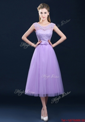 Lovely See Through Applique and Belt Prom Dresses in Tulle