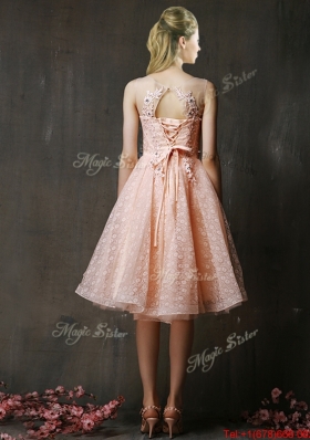 Lovely See Through Beaded and Applique Peach Prom Dresses  with Polka Dot