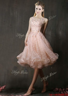 Lovely See Through Beaded and Applique Peach Prom Dresses  with Polka Dot