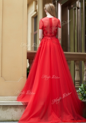 Lovely See Through Short Sleeves  Prom Dresses with Removable Train