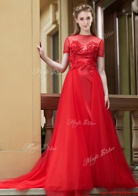 Lovely See Through Short Sleeves  Prom Dresses with Removable Train