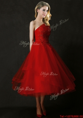 Lovely Tea Length Applique Red Prom Dresses with Asymmetrical Neckline