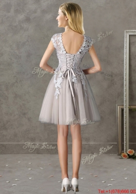 Most Popular Bateau Cap Sleeves Grey Bridesmaid Dress with Lace