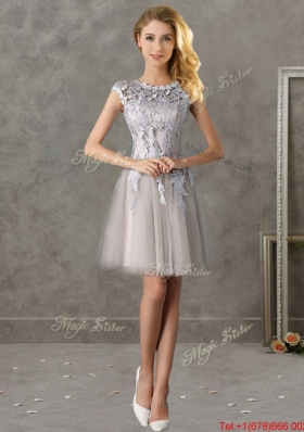 Most Popular Bateau Cap Sleeves Grey Bridesmaid Dress with Lace