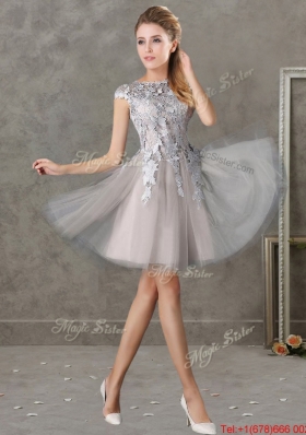 Most Popular Bateau Cap Sleeves Grey Bridesmaid Dress with Lace