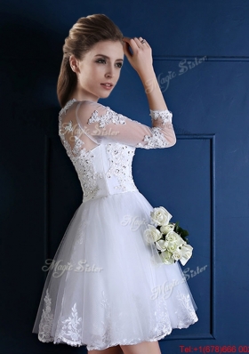 New See Through Scoop Three Fourth Length Sleeves Short Bridesmaid Dress in White